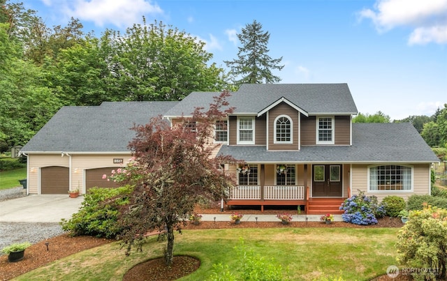 3517 Frogs Leap Ln NE, Olympia, WA 98506 - view of front of property with covered porch, a front yard, driveway, a garage, and a shingled roof