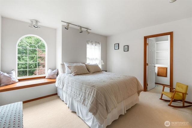 3517 Frogs Leap Ln NE, Olympia, WA 98506 - bedroom featuring rail lighting, light colored carpet, and a walk in closet