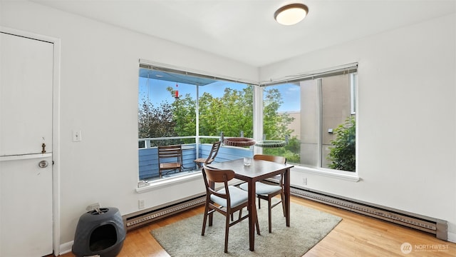 1001 1st Ave N, Seattle, WA 98109 - dining space with baseboard heating, healthy amount of natural light, a baseboard radiator, and wood finished floors