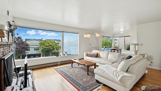 1001 1st Ave N, Seattle, WA 98109 - living room featuring wood finished floors, a fireplace, and a baseboard heating unit