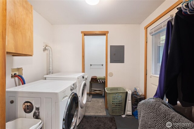 5818 Everson Goshen, Bellingham, WA 98226 - laundry area featuring electric panel, washer and dryer, and cabinet space