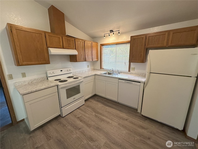 1430 Welling Rd, Bellingham, WA 98226 - kitchen with white appliances, lofted ceiling, light countertops, under cabinet range hood, and dark wood-style floors