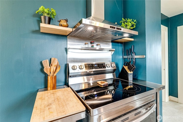 1008 W 5th St N, Port Angeles, WA 98363 - kitchen with electric stove, wall chimney range hood, and open shelves
