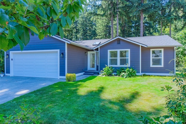 17701 Vine Ln SE, Yelm, WA 98597 - ranch-style home with an attached garage, concrete driveway, a front yard, and a shingled roof