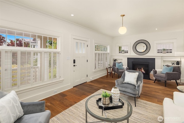 5526 34th Ave NE, Seattle, WA 98105 - living room featuring a lit fireplace, wood finished floors, crown molding, and recessed lighting