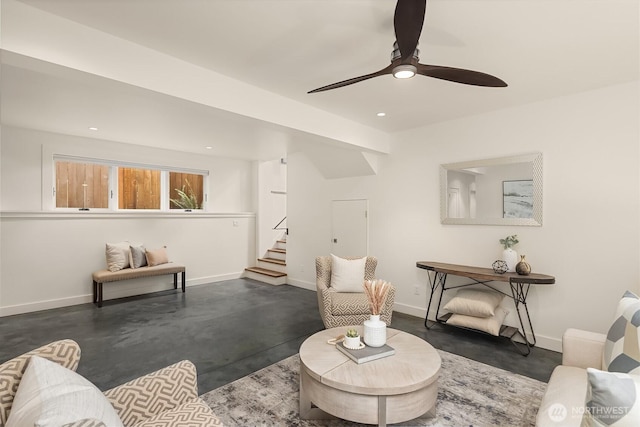 5526 34th Ave NE, Seattle, WA 98105 - living room with stairway, recessed lighting, concrete flooring, and ceiling fan