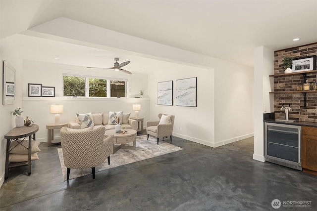 5526 34th Ave NE, Seattle, WA 98105 - living room featuring wine cooler, concrete floors, wet bar, a ceiling fan, and recessed lighting
