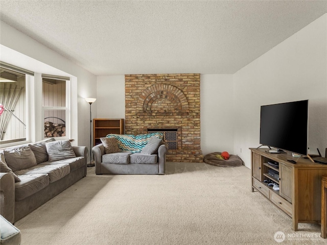 6908 254th St E, Graham, WA 98338 - living room with light colored carpet, a textured ceiling, and a brick fireplace