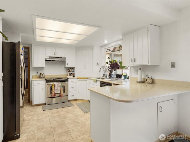 6908 254th St E, Graham, WA 98338 - kitchen featuring appliances with stainless steel finishes, under cabinet range hood, a peninsula, light countertops, and white cabinetry