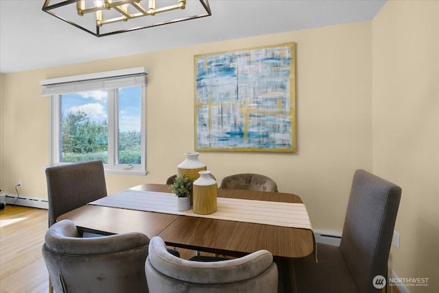 9237 24th Ave NW, Seattle, WA 98117 - dining space featuring a baseboard radiator, wood finished floors, and a chandelier