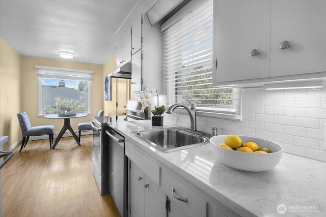 9237 24th Ave NW, Seattle, WA 98117 - kitchen featuring stainless steel appliances, backsplash, light countertops, light wood-style floors, and under cabinet range hood