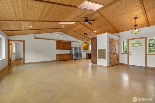 7609 Pressentin Ct, Concrete, WA 98237 - unfurnished living room featuring wooden ceiling, finished concrete floors, a skylight, and a chandelier