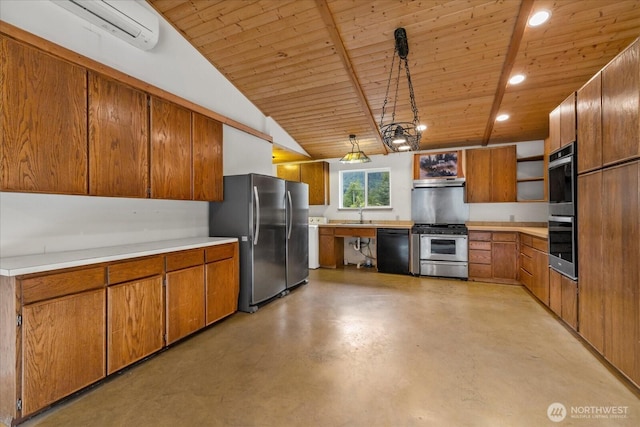 7609 Pressentin Ct, Concrete, WA 98237 - kitchen with stainless steel appliances, an AC wall unit, open shelves, brown cabinetry, and wood ceiling