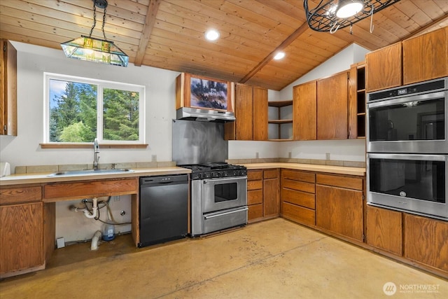 7609 Pressentin Ct, Concrete, WA 98237 - kitchen with open shelves, stainless steel appliances, under cabinet range hood, finished concrete flooring, and wooden ceiling