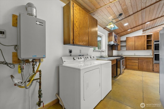 7609 Pressentin Ct, Concrete, WA 98237 - washroom featuring wood ceiling, cabinet space, washer and clothes dryer, and water heater