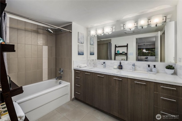 2911 2nd Ave Unit 120, Seattle, WA 98121 - full bath with tile patterned flooring, double vanity, and shower / bath combo with shower curtain