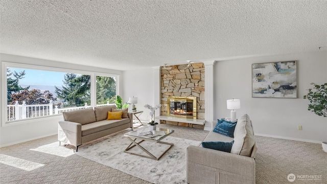 1517 126th Ave E, Edgewood, WA 98372 - carpeted living room featuring a textured ceiling and a stone fireplace