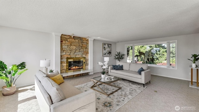 1517 126th Ave E, Edgewood, WA 98372 - carpeted living room featuring a textured ceiling and a stone fireplace