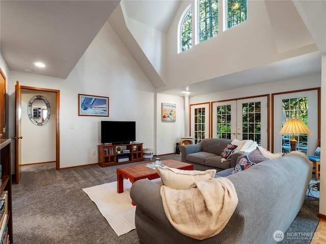 10723 105th Street Ct, Anderson Island, WA 98303 - carpeted living room featuring french doors, a high ceiling, and recessed lighting