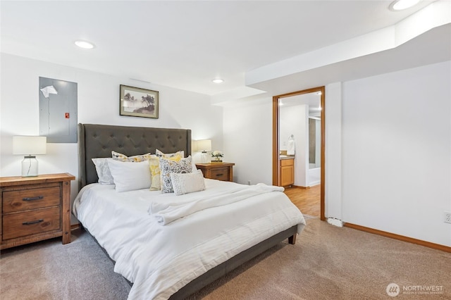 4130 Palatine Ave N, Seattle, WA 98103 - bedroom featuring light carpet, recessed lighting, and ensuite bath