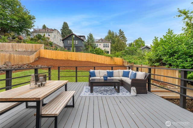 4130 Palatine Ave N, Seattle, WA 98103 - wooden deck with outdoor lounge area, a fenced backyard, outdoor dining area, and a residential view