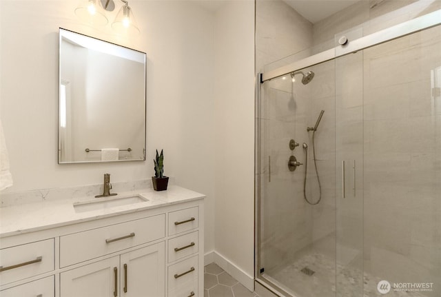 29851 12th Ave SW, Federal Way, WA 98023 - full bathroom with a stall shower, vanity, and tile patterned floors