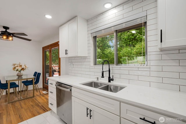 2536 S 286th St, Federal Way, WA 98003 - kitchen featuring stainless steel dishwasher, decorative backsplash, white cabinets, a ceiling fan, and recessed lighting