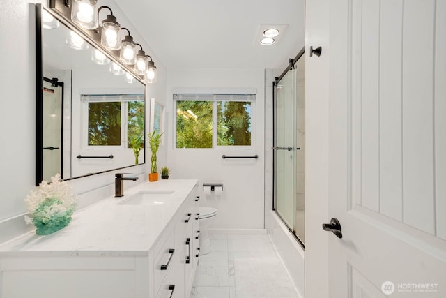 2536 S 286th St, Federal Way, WA 98003 - full bathroom with vanity, marble finish flooring, and shower / bath combination with glass door