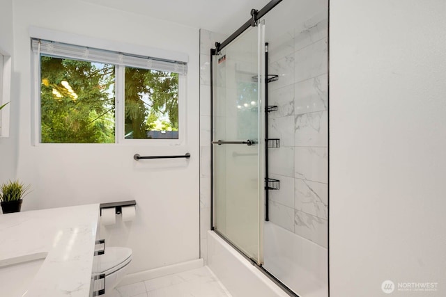2536 S 286th St, Federal Way, WA 98003 - full bath featuring marble finish flooring, combined bath / shower with glass door, and vanity