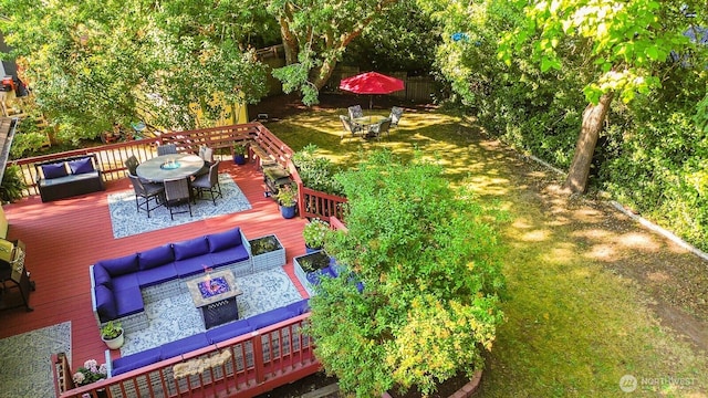 2536 S 286th St, Federal Way, WA 98003 - wooden terrace with outdoor dining space and an outdoor living space with a fire pit