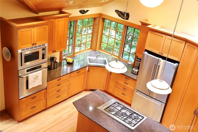 22307 E Lost Lake Rd, Snohomish, WA 98296 - kitchen featuring stainless steel appliances, light wood-style flooring, dark stone countertops, and backsplash