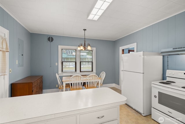802 May St, Raymond, WA 98577 - kitchen featuring white appliances, under cabinet range hood, ornamental molding, a chandelier, and light flooring