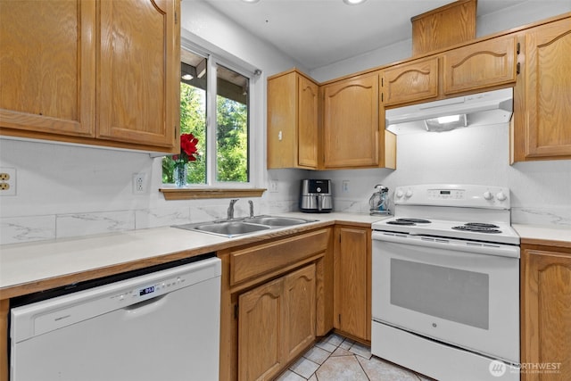 17504 Loop Ln SE, Yelm, WA 98597 - kitchen featuring white appliances, under cabinet range hood, light countertops, and light tile patterned floors