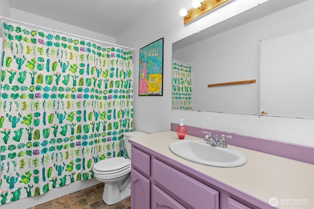 17504 Loop Ln SE, Yelm, WA 98597 - full bath with vanity, stone finish floors, and curtained shower