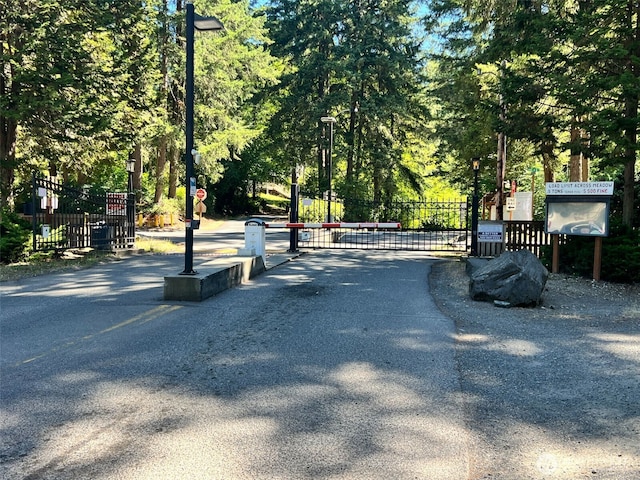 17504 Loop Ln SE, Yelm, WA 98597 - view of asphalt road with a gate, street lighting, a gated entry, and traffic signs