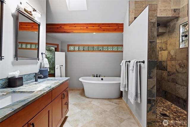 18608 SE 58th St, Issaquah, WA 98027 - full bath with walk in shower, double vanity, a freestanding bath, a skylight, and beamed ceiling