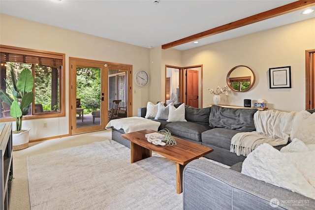 18608 SE 58th St, Issaquah, WA 98027 - living area featuring carpet, beamed ceiling, and recessed lighting