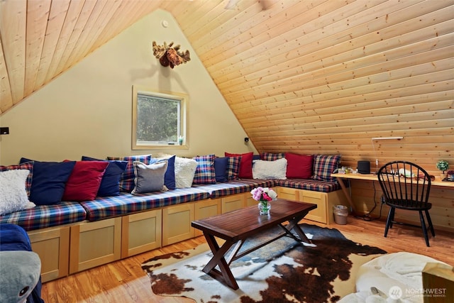 18608 SE 58th St, Issaquah, WA 98027 - living area featuring light wood finished floors, lofted ceiling, and wooden ceiling