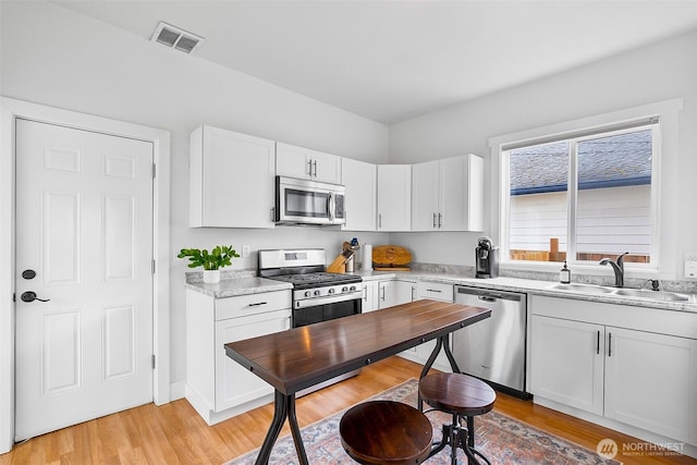 807 24th St, Anacortes, WA 98221 - kitchen with appliances with stainless steel finishes, light countertops, white cabinetry, and light wood-style floors