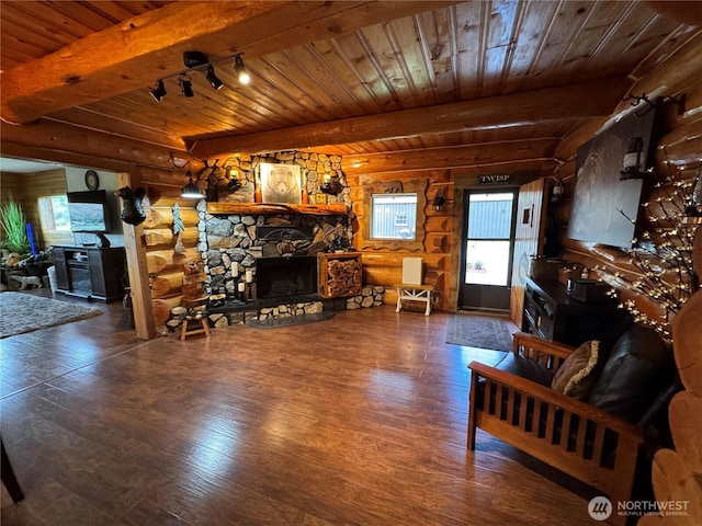 8 Iris Ln, Twisp, WA 98856 - living area with a stone fireplace, a wooden ceiling with exposed beams, wood finished floors, log walls, and healthy amount of natural light