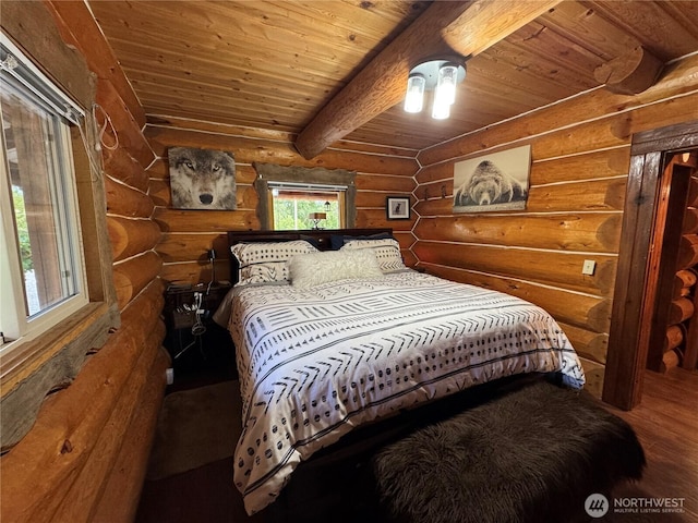 8 Iris Ln, Twisp, WA 98856 - bedroom featuring log walls, wood finished floors, and a wood ceiling with exposed beams