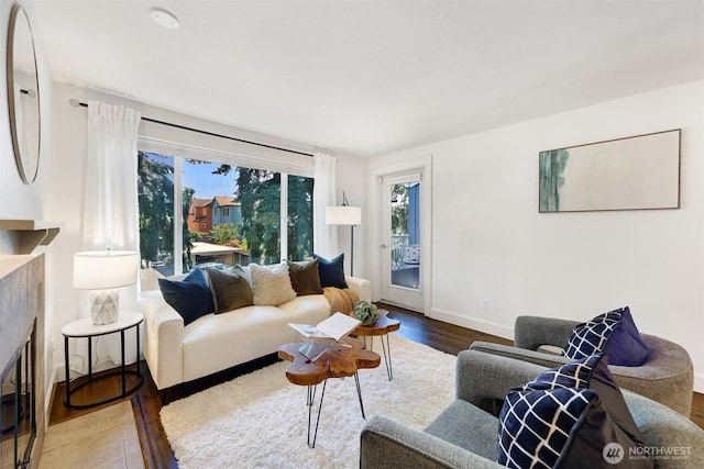 300 N 130th St Unit 2306, Seattle, WA 98133 - living area featuring wood finished floors and a fireplace