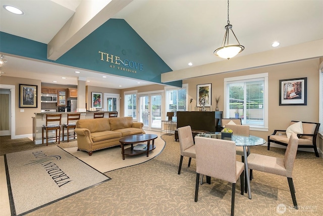 300 N 130th St Unit 2306, Seattle, WA 98133 - dining room featuring light colored carpet, plenty of natural light, recessed lighting, and high vaulted ceiling