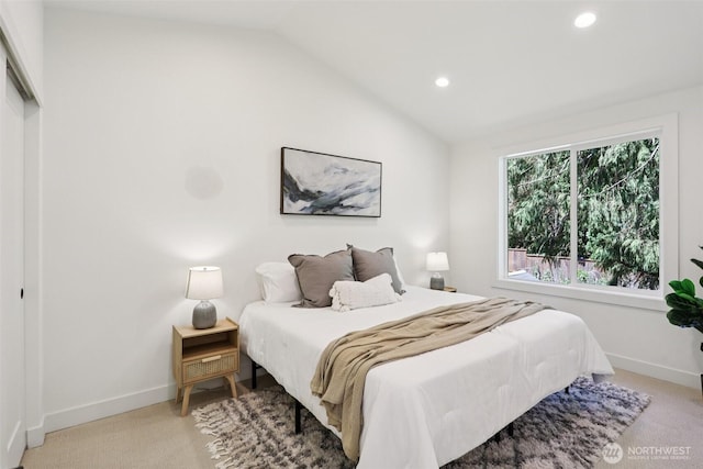 11737 38th Ave NE Unit B, Seattle, WA 98125 - carpeted bedroom featuring vaulted ceiling and recessed lighting