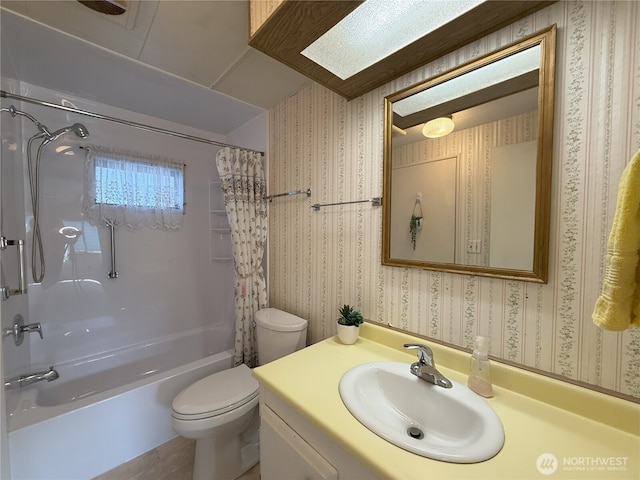 1200 Lincoln St Unit 418, Bellingham, WA 98229 - bathroom featuring wallpapered walls, shower / tub combo, and vanity