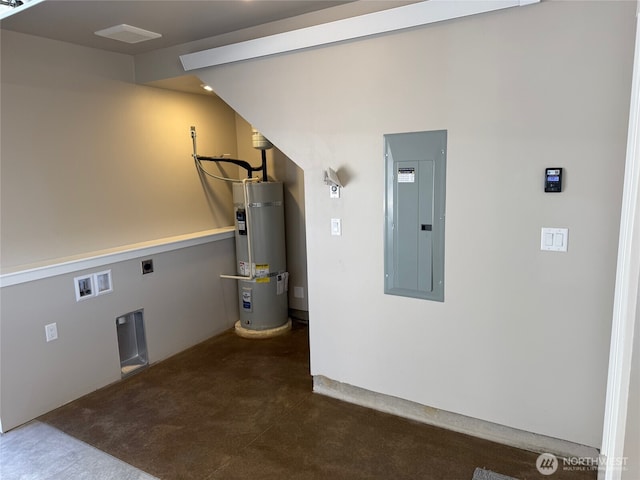 664 LOT25 W Kline Rd, Bellingham, WA 98226 - washroom with electric panel, hookup for an electric dryer, strapped water heater, and washer hookup