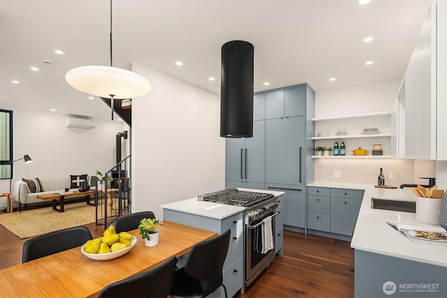 8054A Brooklyn Ave NE, Seattle, WA 98115 - kitchen featuring stainless steel range, extractor fan, dark wood-style flooring, light countertops, and open shelves