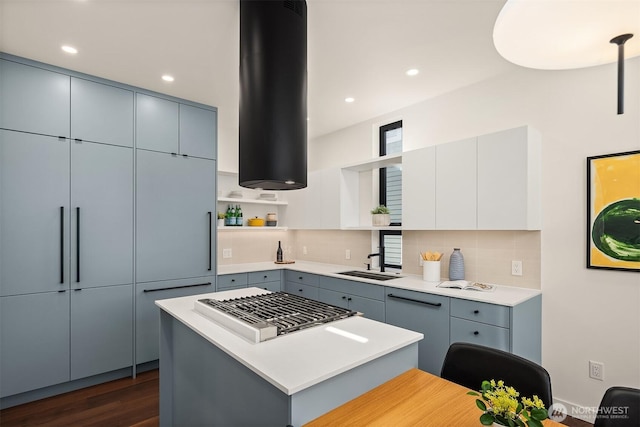 8054A Brooklyn Ave NE, Seattle, WA 98115 - kitchen featuring open shelves, gray cabinets, tasteful backsplash, and recessed lighting