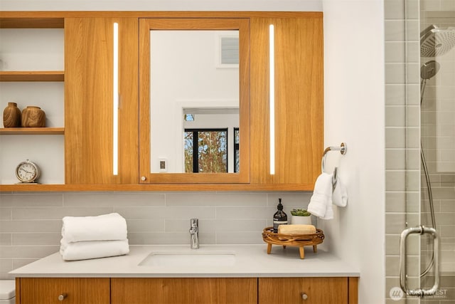 8054A Brooklyn Ave NE, Seattle, WA 98115 - full bathroom with vanity, tiled shower, and decorative backsplash