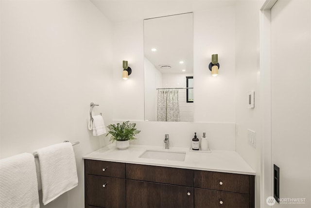 8054A Brooklyn Ave NE, Seattle, WA 98115 - full bath with vanity, curtained shower, and recessed lighting